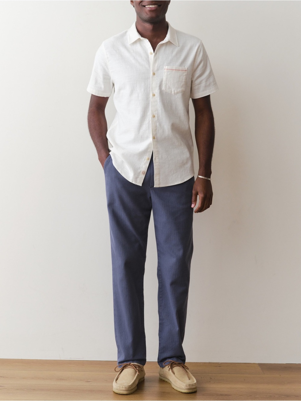 Marine Layer Stretch Selvage Short Sleeve Shirt Cotton in Natural Ivory XXL - Picture 6 of 14